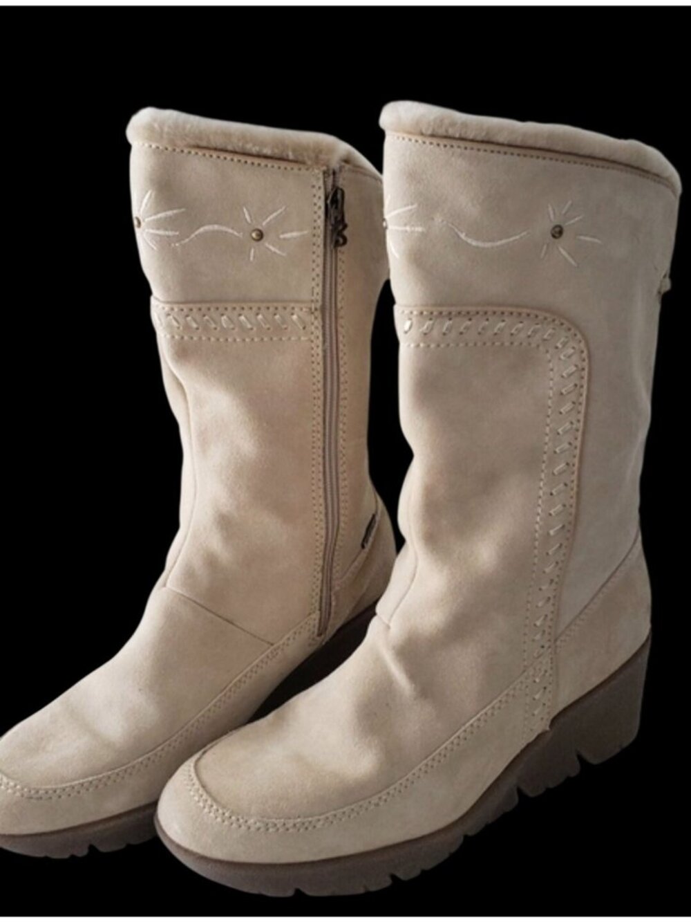 Beige Suede Waterproof Mid-Calf Boots With Embroidered Boho  Detail & Fur Lining - Picture 2 of 16